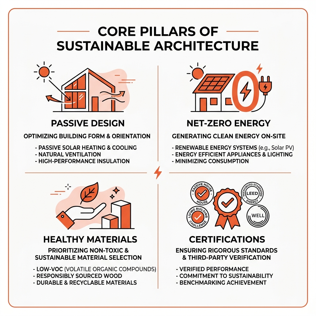 core pillars of sustainable architecture: passive design, net-zero energy, healthy materials, certifications - sustainable