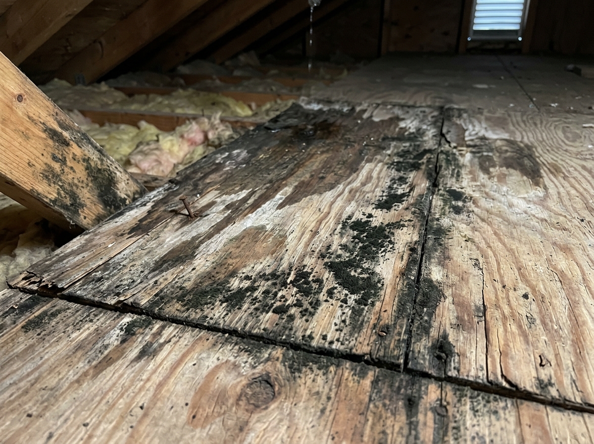 Water-stained attic plywood with dark mold patches spreading from a roof leak - black mold in attic removal Water-stained attic plywood with dark mold patches spreading from a roof leak - black mold in attic removal