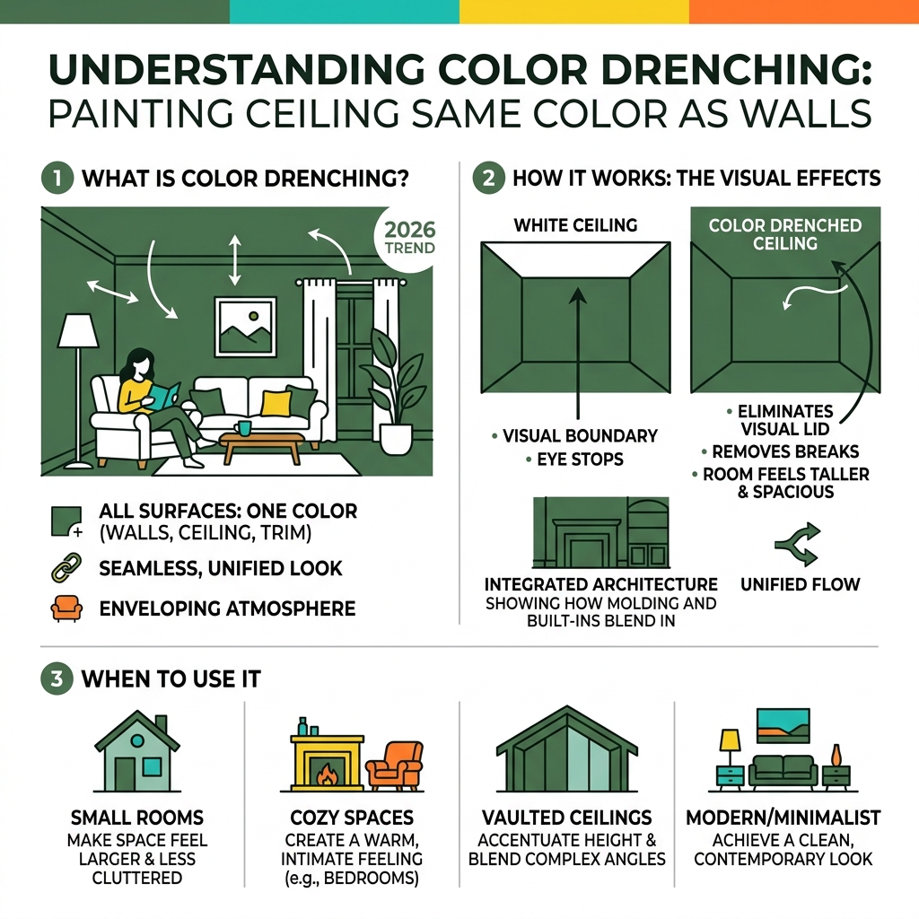 Infographic explaining color drenching: what it is, how it works, and when to use it - painting ceiling same color as walls