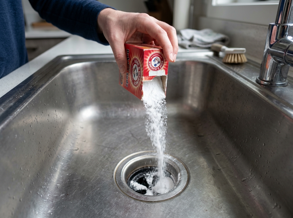Pouring baking soda into a drain - baking soda drain cleaner Pouring baking soda into a drain - baking soda drain cleaner