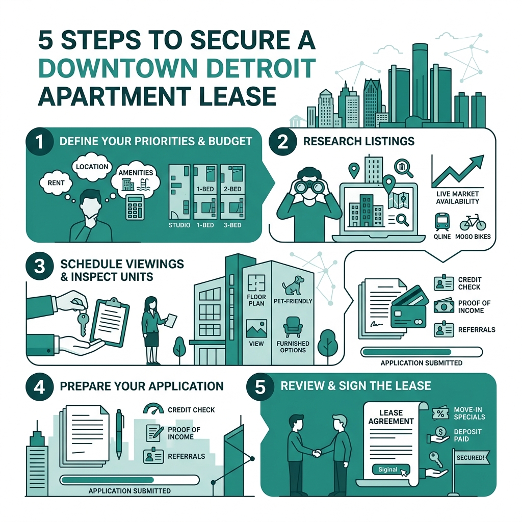 5-step infographic for securing a downtown Detroit apartment lease - apartment detroit downtown infographic 5-step infographic for securing a downtown Detroit apartment lease - apartment detroit downtown infographic