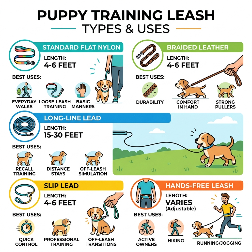 Infographic showing different puppy training leash types, their lengths, and best uses - best leash for puppy training