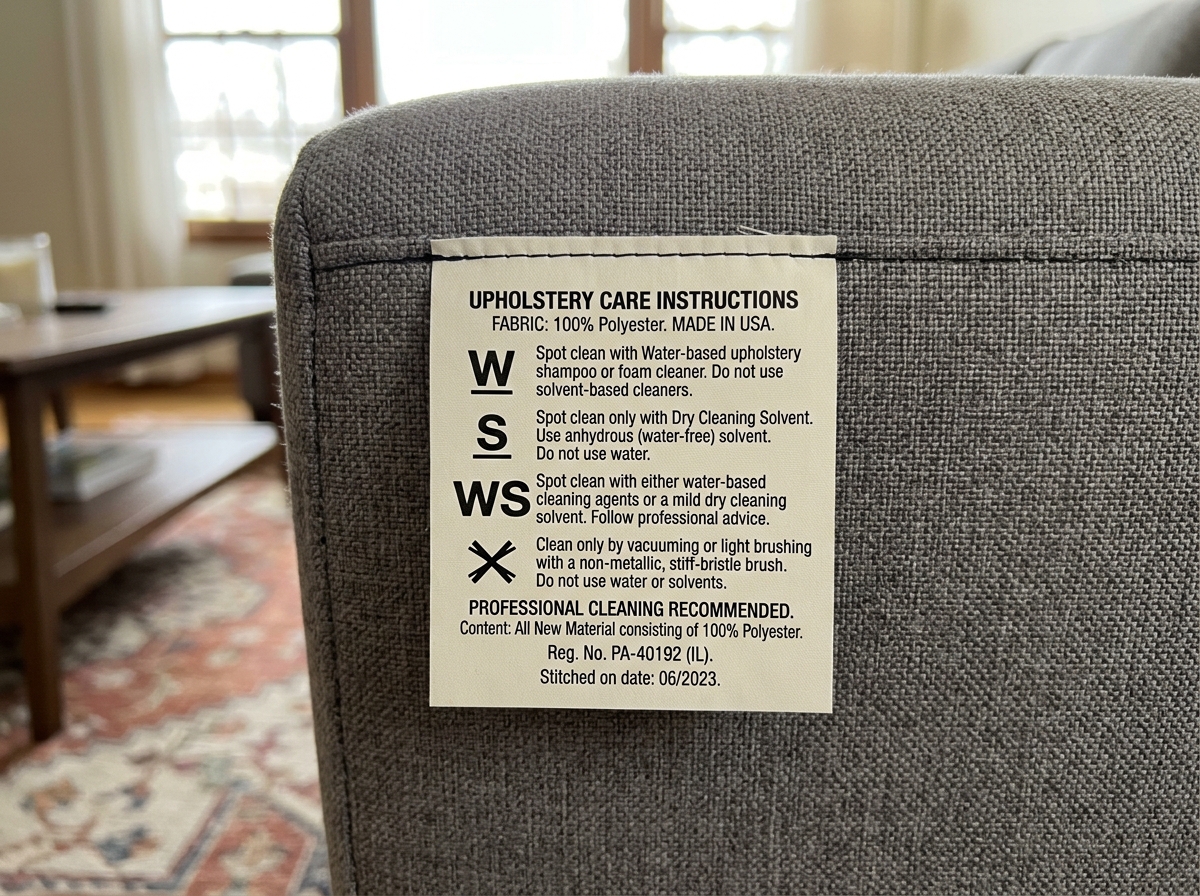 Upholstery cleaning tag showing the W, S, WS, or X code - natural upholstery stain remover