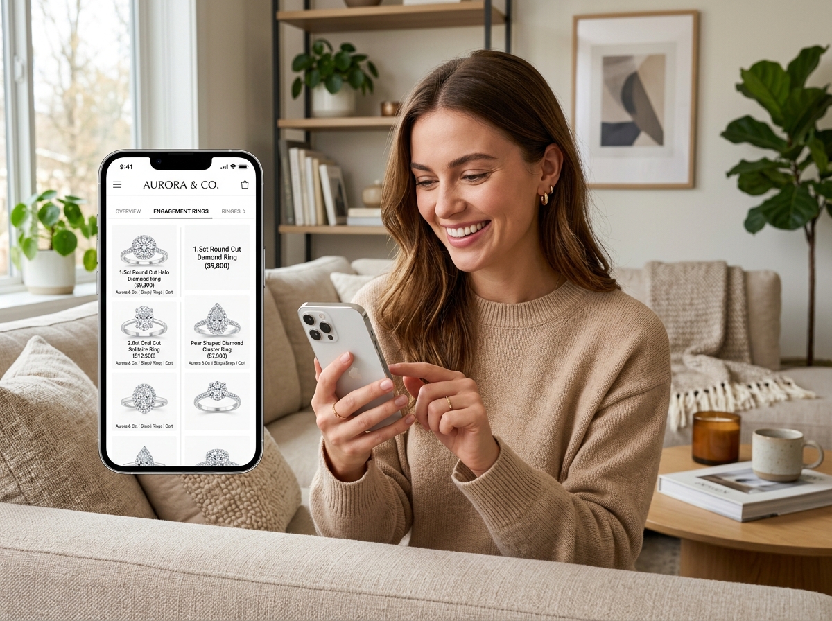 Customer using a luxury jewelry mobile app to browse engagement rings - best shopify mobile app builders for jewelry store
