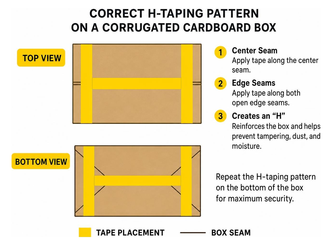 Correct H-taping pattern on a corrugated cardboard box Correct H-taping pattern on a corrugated cardboard box