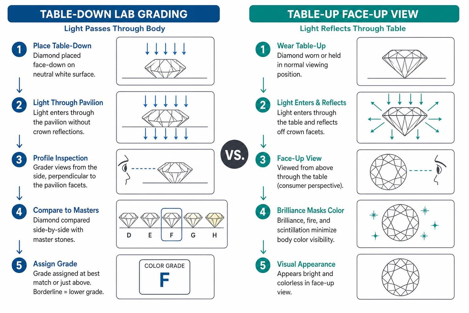 Comparison diagram showing table-down gemological grading vs table-up face-up visual perception