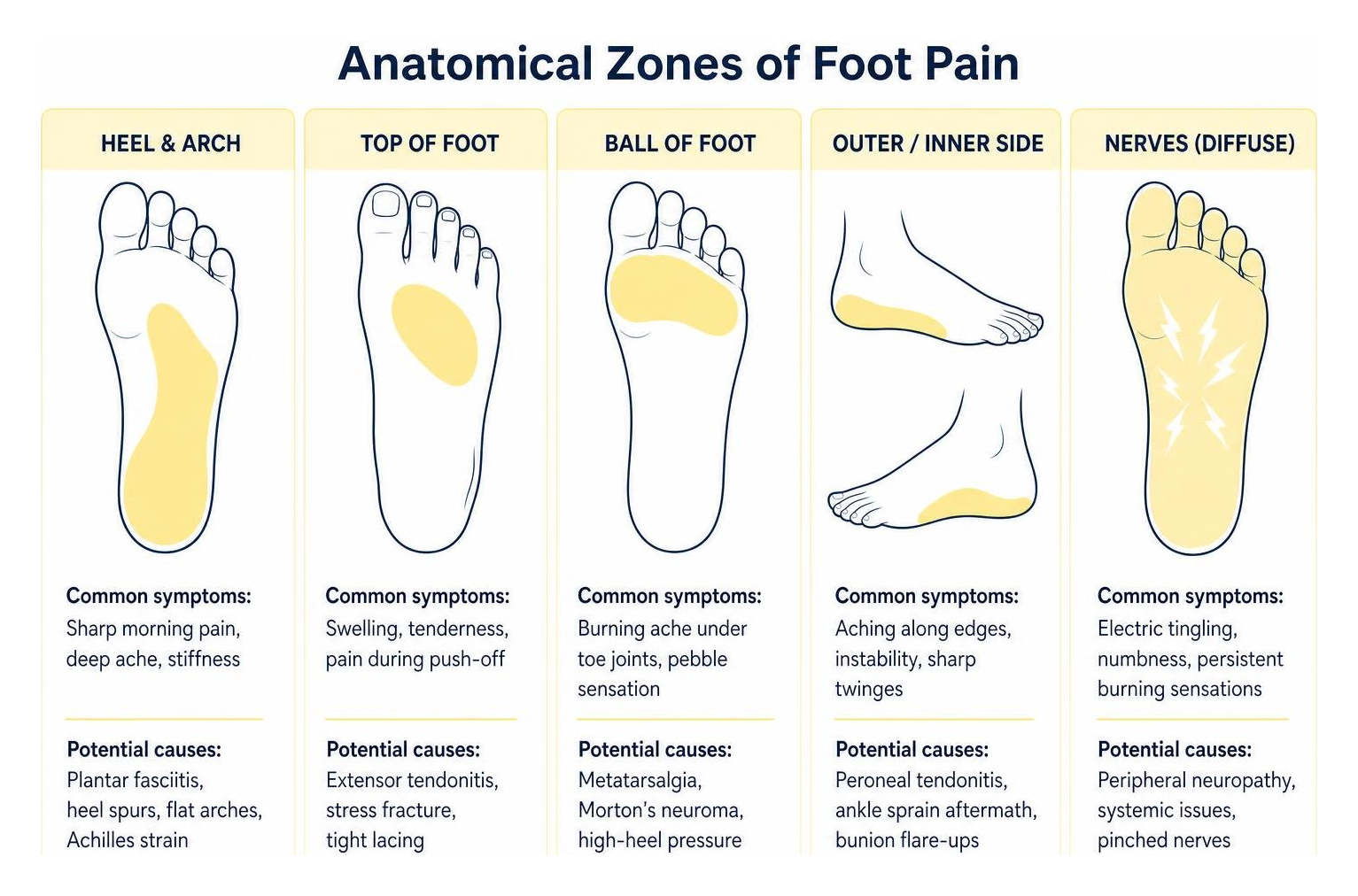 Anatomical zones of foot pain: heel, arch, ball, top, and nerves Anatomical zones of foot pain: heel, arch, ball, top, and nerves