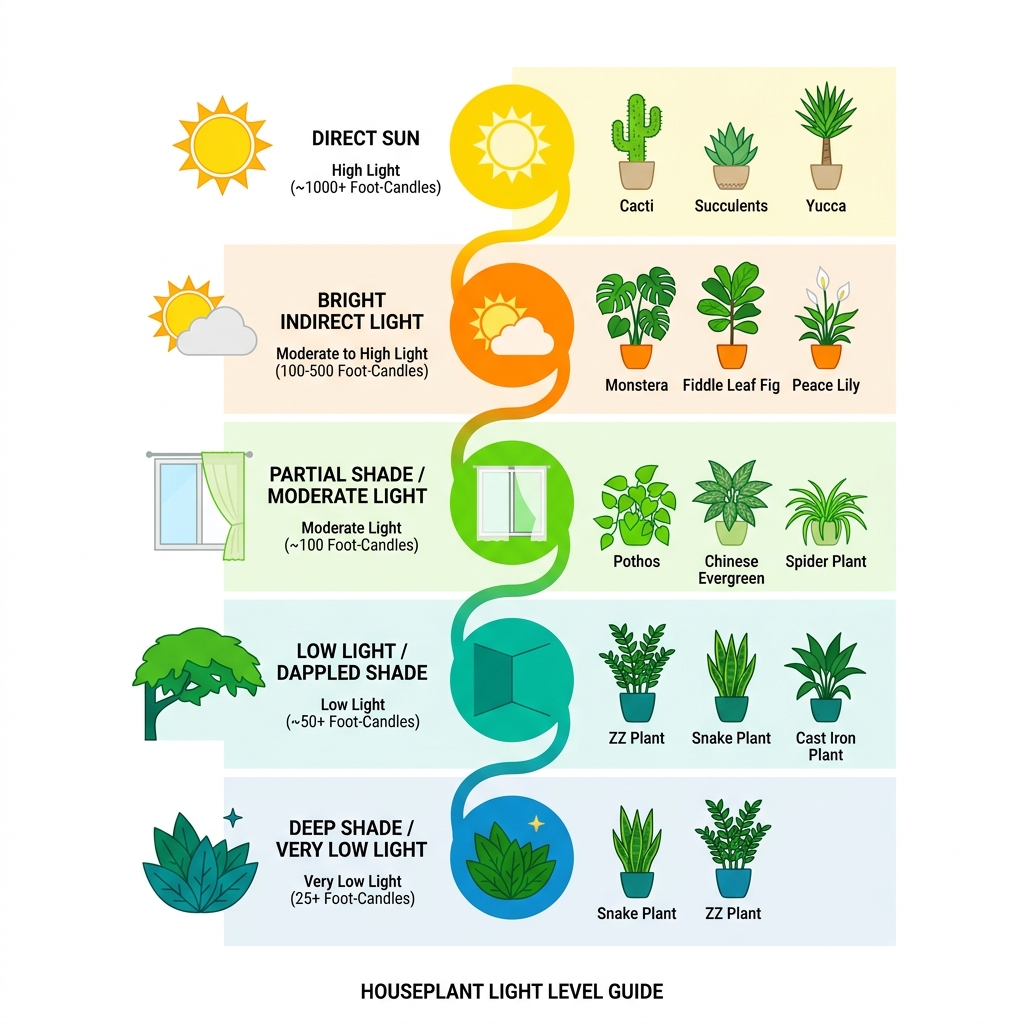 Infographic showing light levels from direct sun to deep shade with suitable houseplants for each level - common low light