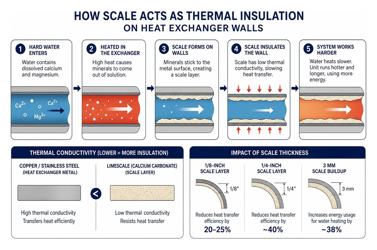 Infographic detailing how scale acts as thermal insulation on heat exchanger walls Infographic detailing how scale acts as thermal insulation on heat exchanger walls
