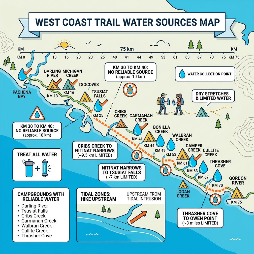 West Coast Trail water sources map with campground collection points and dry stretches - west coast trail water sources West Coast Trail water sources map with campground collection points and dry stretches - west coast trail water sources