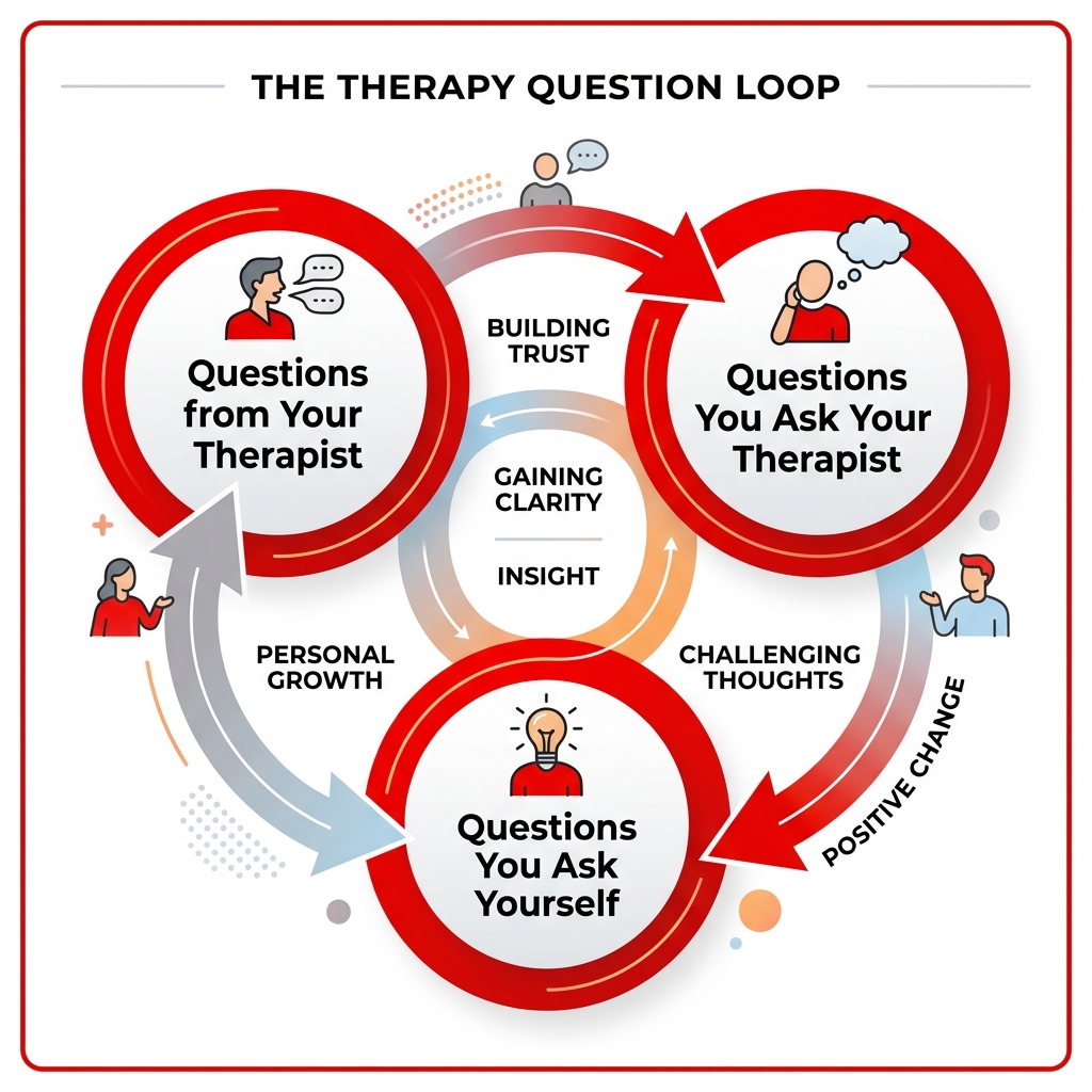 Infographic showing the Therapy Question Loop: three interconnected circles labeled Questions from Your Therapist, Questions You Ask Your Therapist, and Questions You Ask Yourself, with arrows showing how they work together to create insight and change - therapeutic questions infographic 