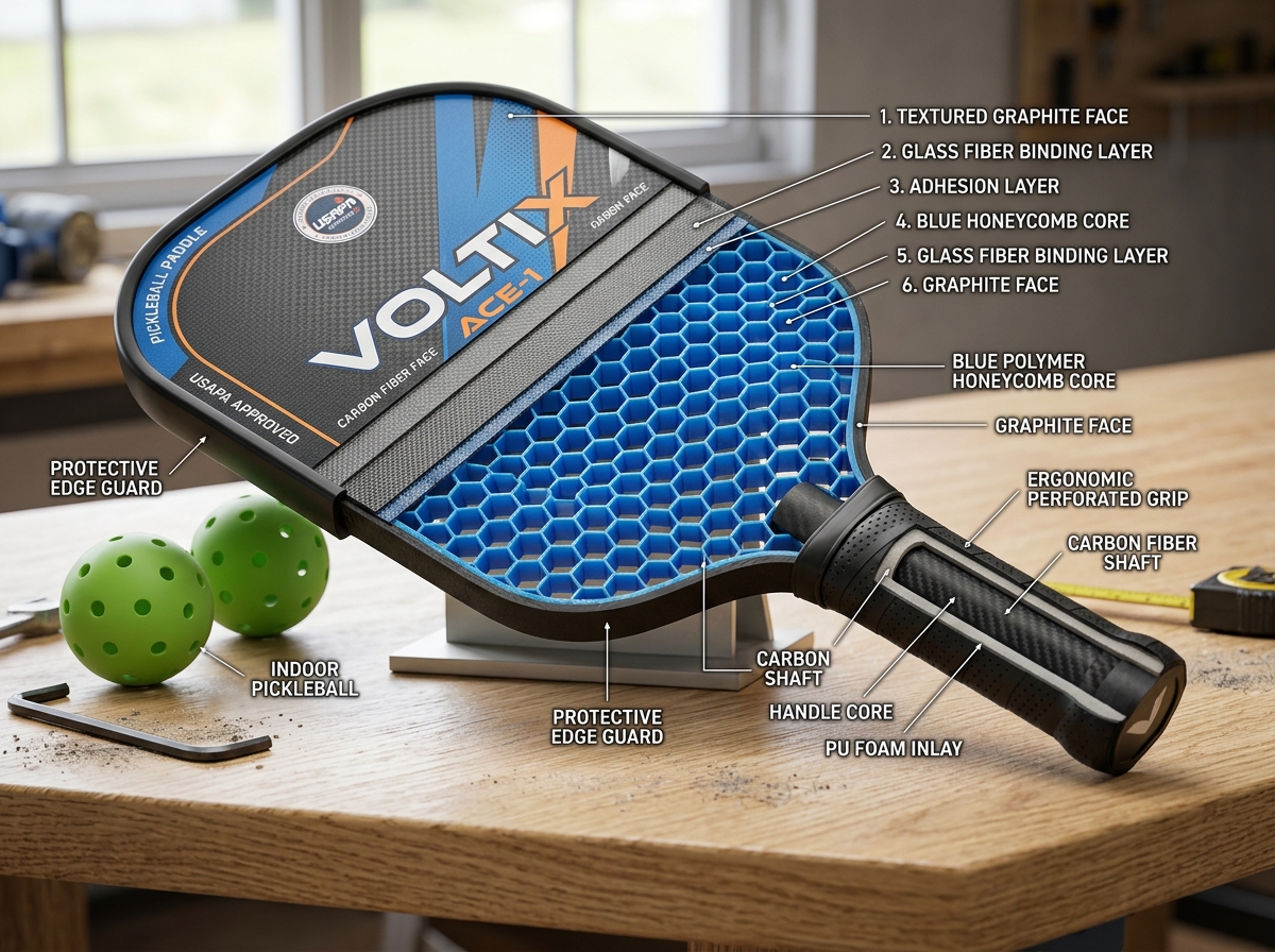 Cross-section of a pickleball paddle showing the honeycomb core and face layers - pickleball paddle types