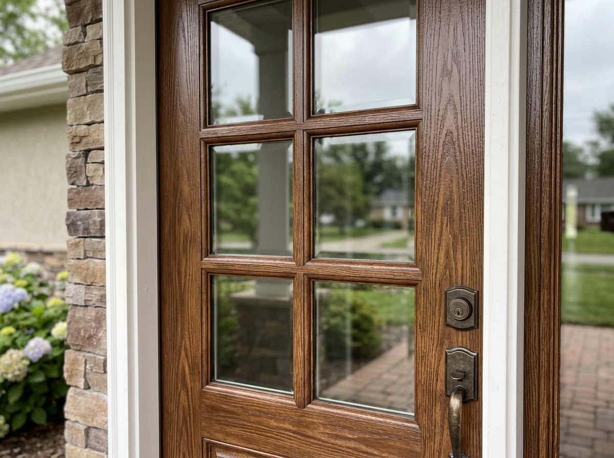 A close-up of a wood-grain fiberglass 6-lite door showing realistic texture - 6 lite exterior door