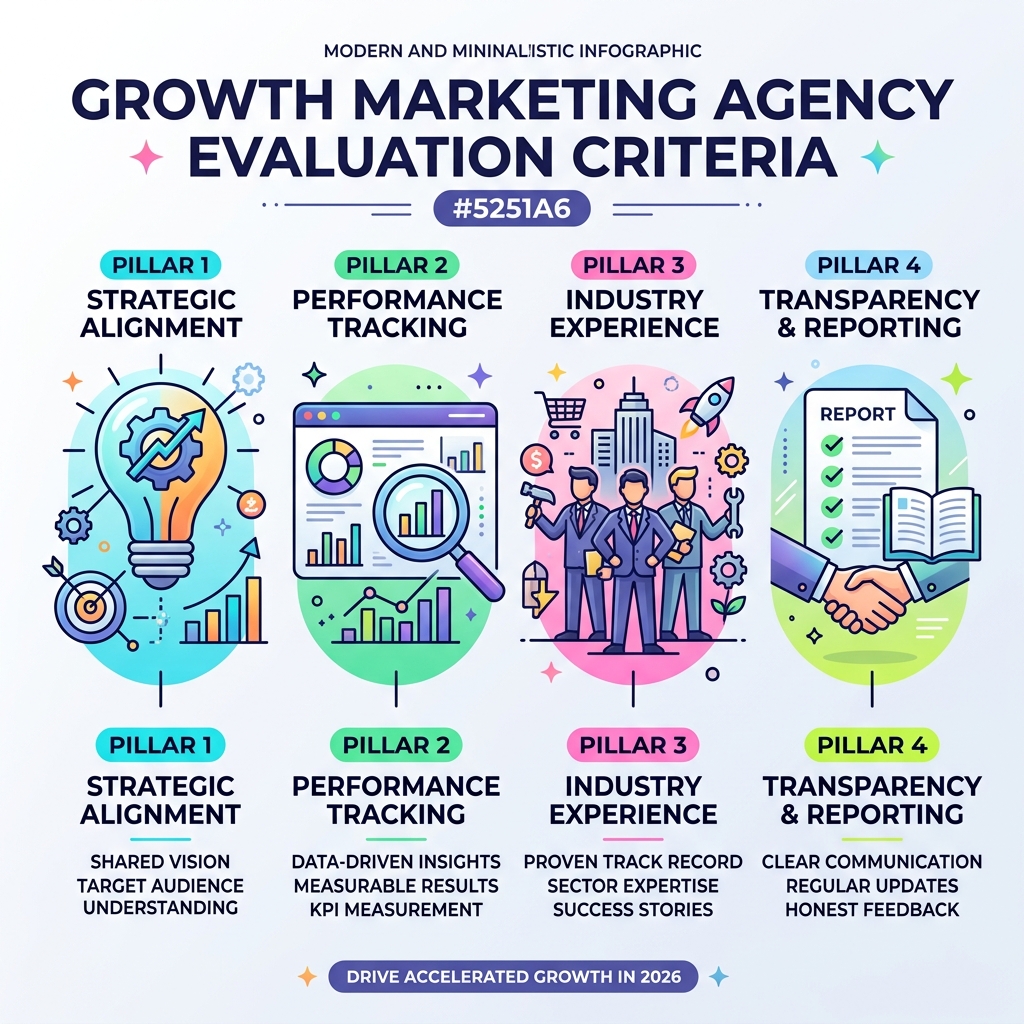 Infographic showing the complete growth marketing agency evaluation framework with eight key criteria: track record verification, full-funnel ownership assessment, experiment cadence measurement, attribution and incrementality testing, technology stack evaluation, cultural and strategic fit analysis, pricing model comparison, and red flag identification—each with specific metrics and decision thresholds - growth marketing agency evaluation criteria infographic