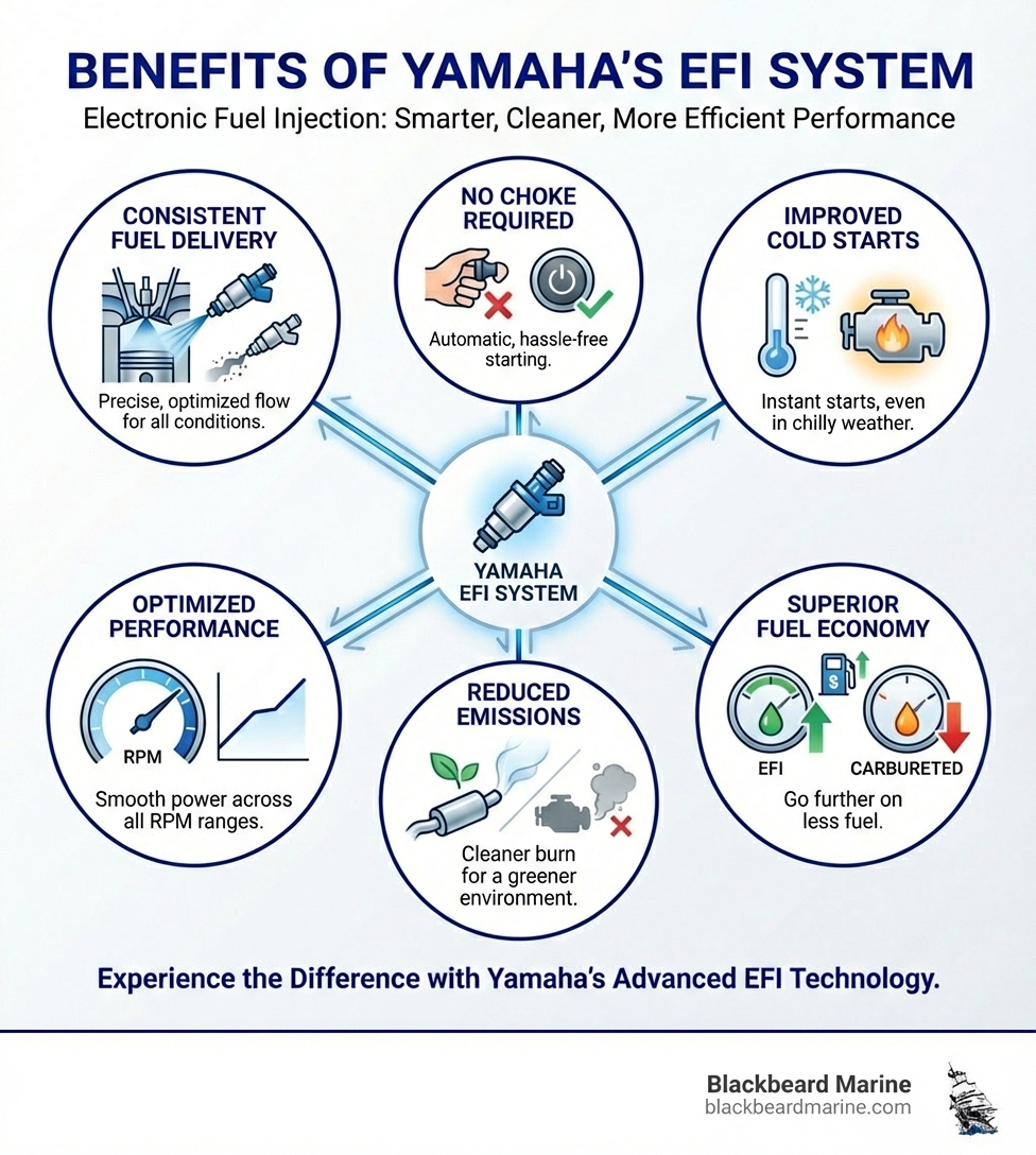 Infographic showing the benefits of Yamaha's Electronic Fuel Injection system: consistent fuel delivery, no choke required, improved cold starts, optimized performance across RPM ranges, reduced emissions, and superior fuel economy compared to carbureted engines - 2026 yamaha 20 hp outboard infographic 