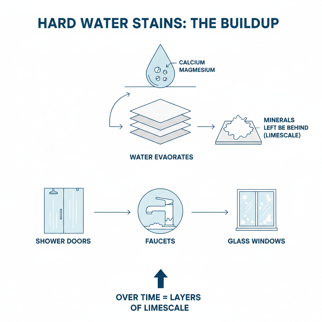 infographic showing how hard water minerals like calcium and magnesium are deposited on surfaces as water evaporates, building up layers of white chalky limescale over time, with arrows pointing to common problem areas like shower doors, faucets, and glass windows - Hard water stain removal infographic infographic showing how hard water minerals like calcium and magnesium are deposited on surfaces as water evaporates, building up layers of white chalky limescale over time, with arrows pointing to common problem areas like shower doors, faucets, and glass windows - Hard water stain removal infographic