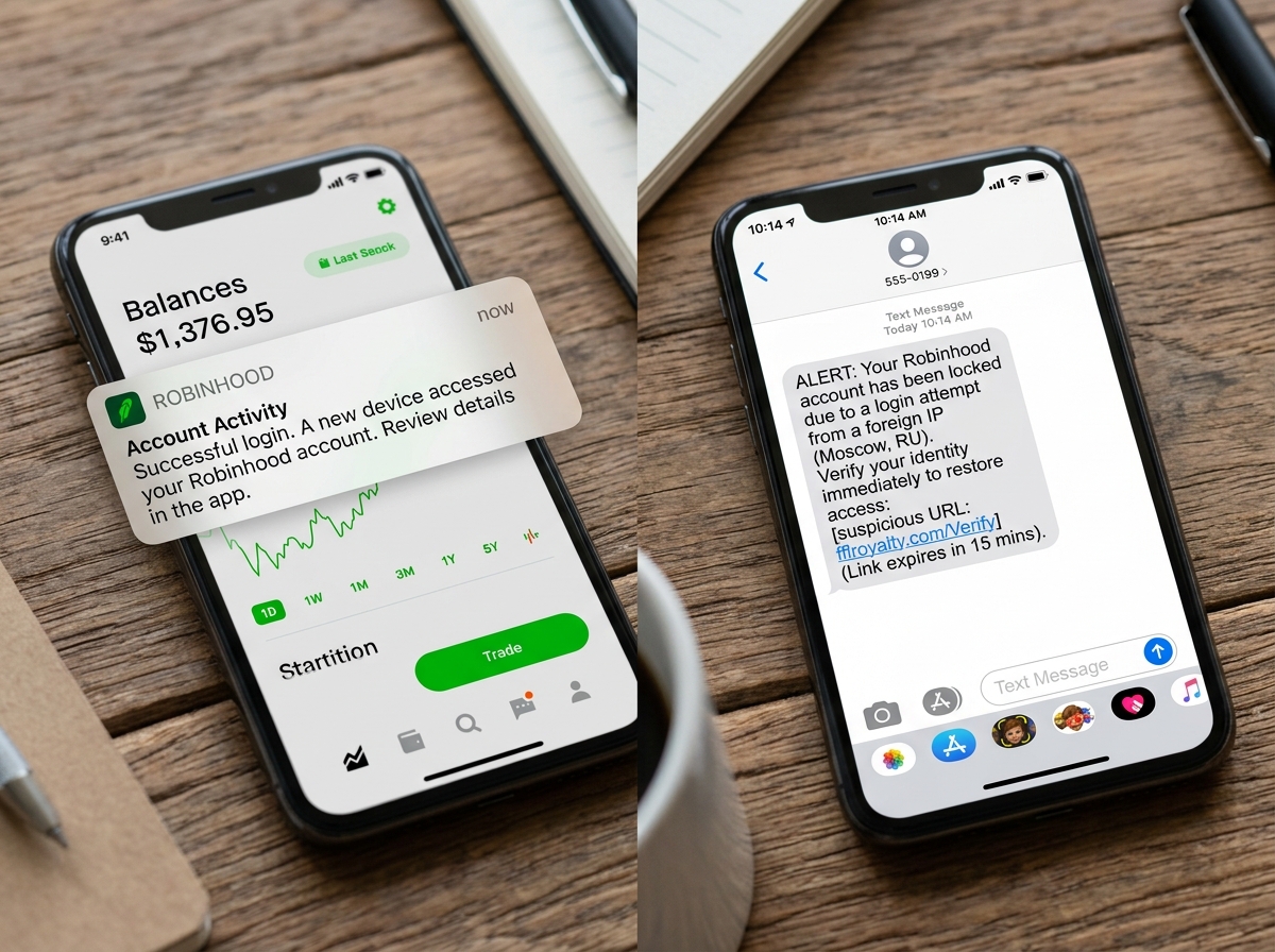 Comparison of a real notification vs a scam text showing fake phone numbers and links - robinhood alert text scam Comparison of a real notification vs a scam text showing fake phone numbers and links - robinhood alert text scam