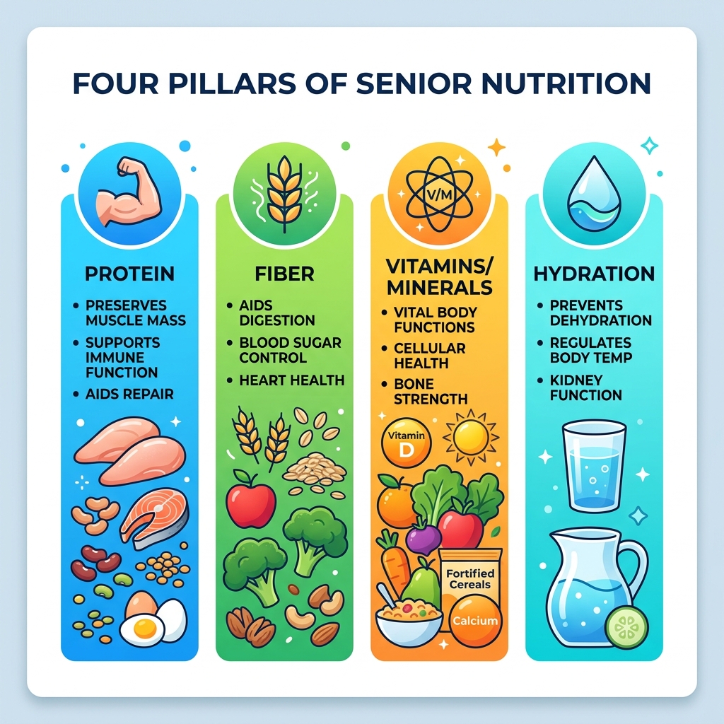 Four pillars of senior nutrition: protein, fiber, vitamins/minerals, hydration infographic - meal plans for senior citizens
