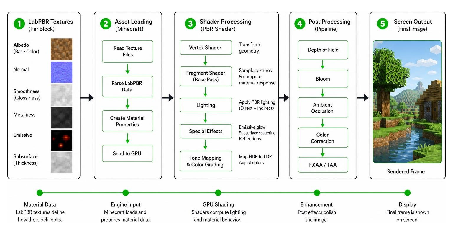 Diagram showing the rendering pipeline from LabPBR textures to screen output with shaders