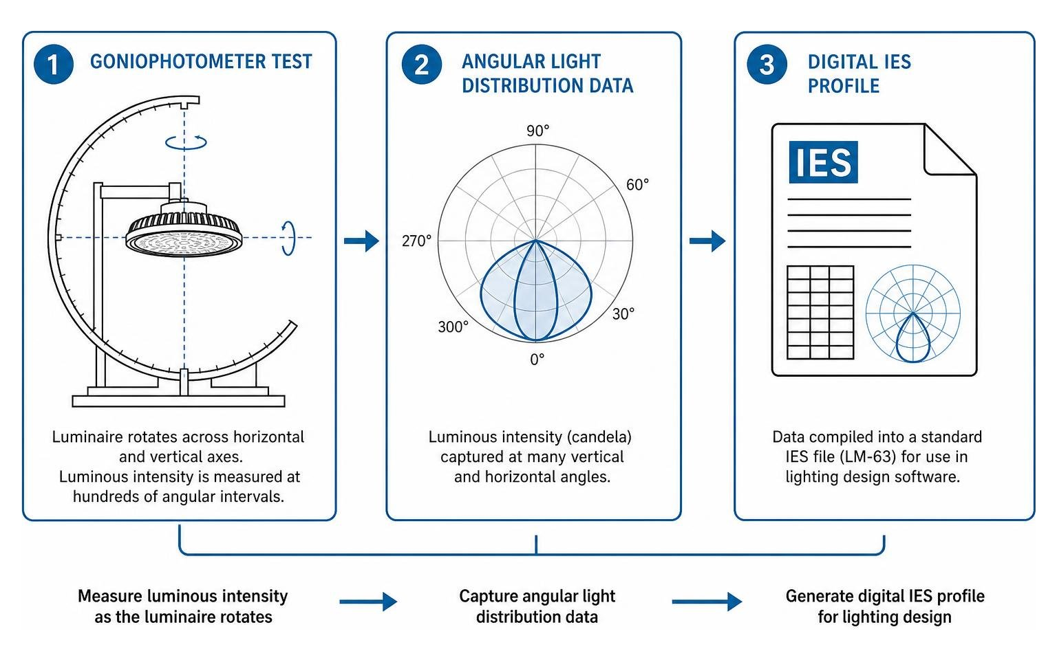 Goniophotometer test capturing angular light distribution into digital IES profile Goniophotometer test capturing angular light distribution into digital IES profile