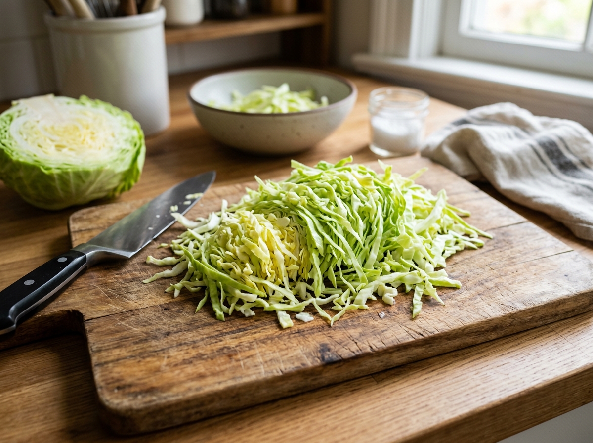 finely sliced green cabbage on a wooden cutting board - healthy cabbage rice recipe