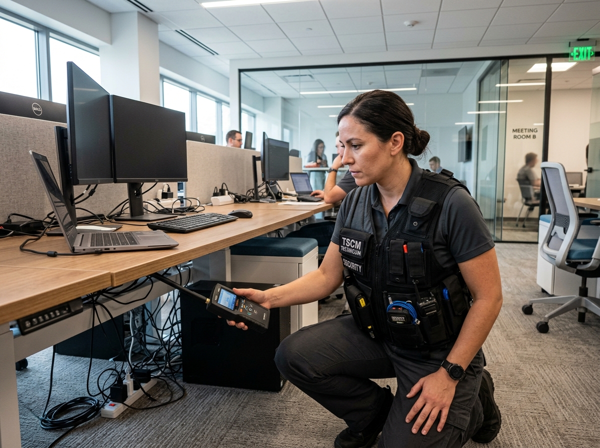 A technician performing a TSCM bug sweep - Asset Protection and Operations