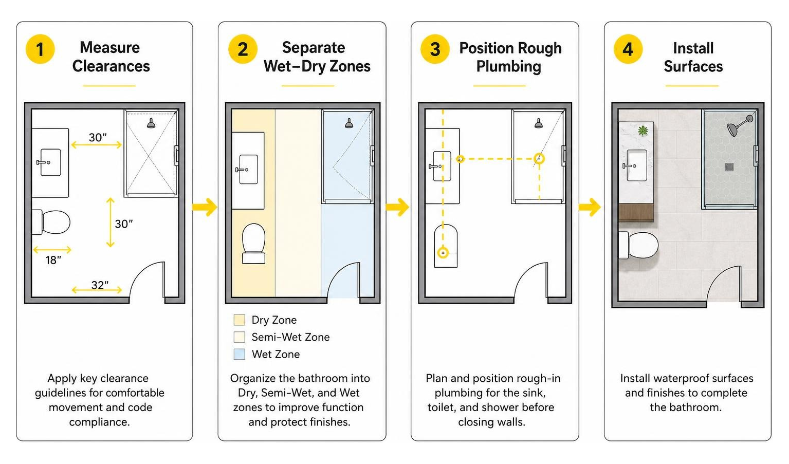 Bathroom planning sequence: measure clearances, separate wet-dry zones, position rough plumbing, and install surfaces Bathroom planning sequence: measure clearances, separate wet-dry zones, position rough plumbing, and install surfaces
