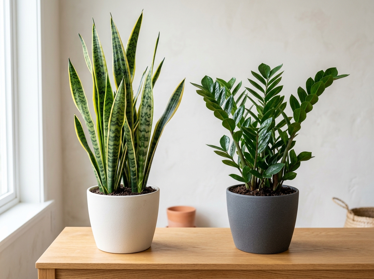 Snake Plant and ZZ Plant side-by-side - drought tolerant indoor plants Snake Plant and ZZ Plant side-by-side - drought tolerant indoor plants