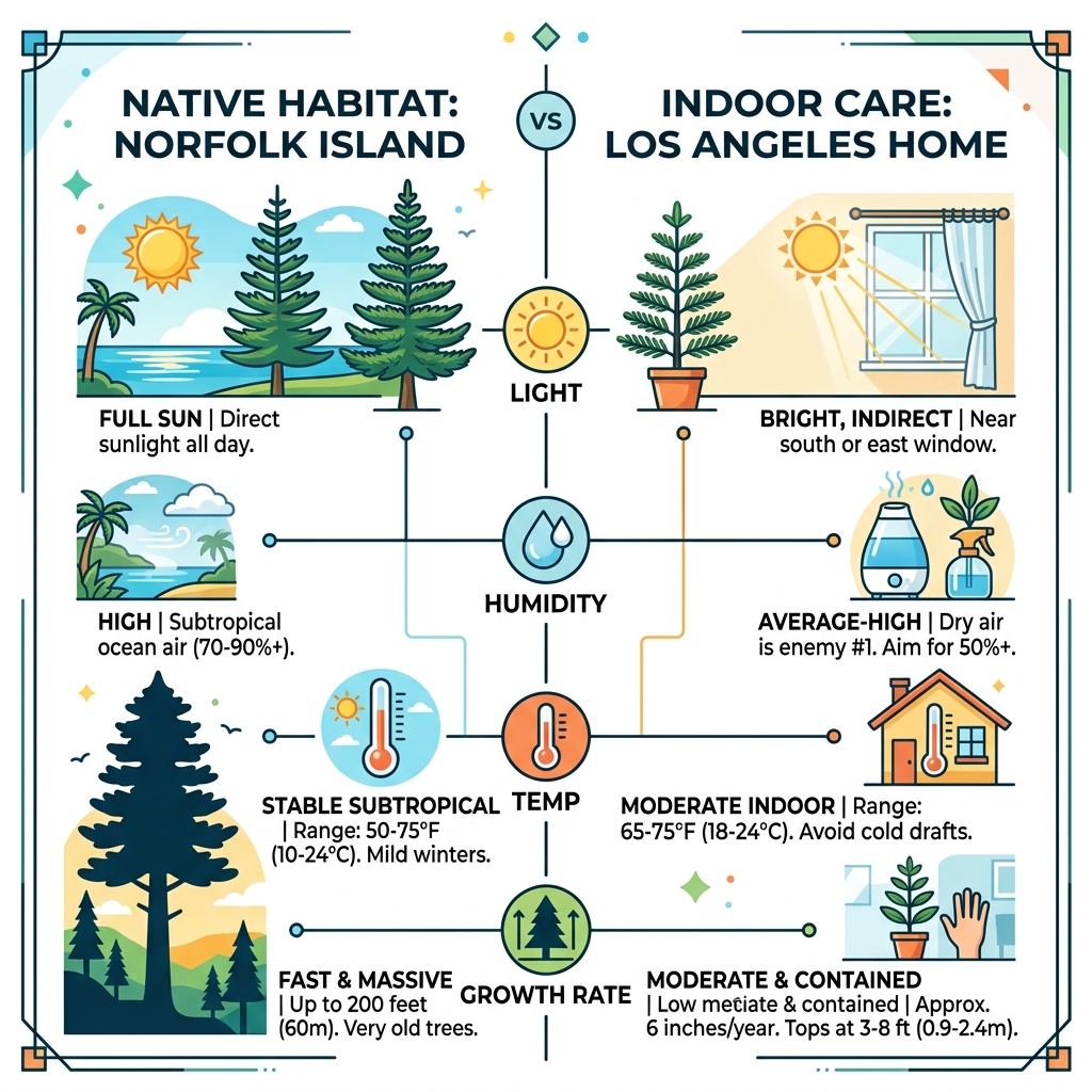 Infographic comparing Norfolk Island Pine native habitat vs. indoor care needs: light, humidity, temp, and growth rate