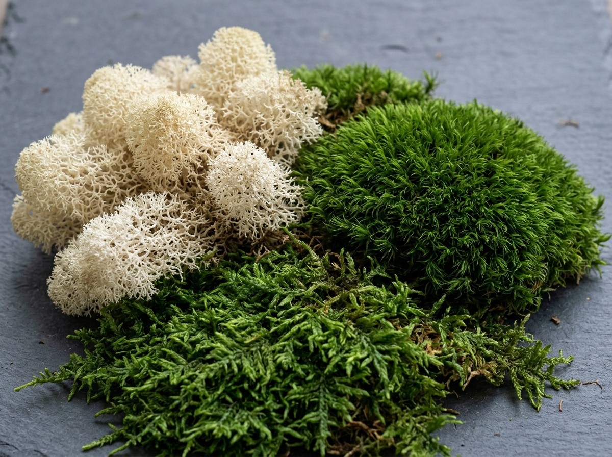 Various textures of preserved moss including reindeer moss, sheet moss, and mood moss - moss frame decor tutorial