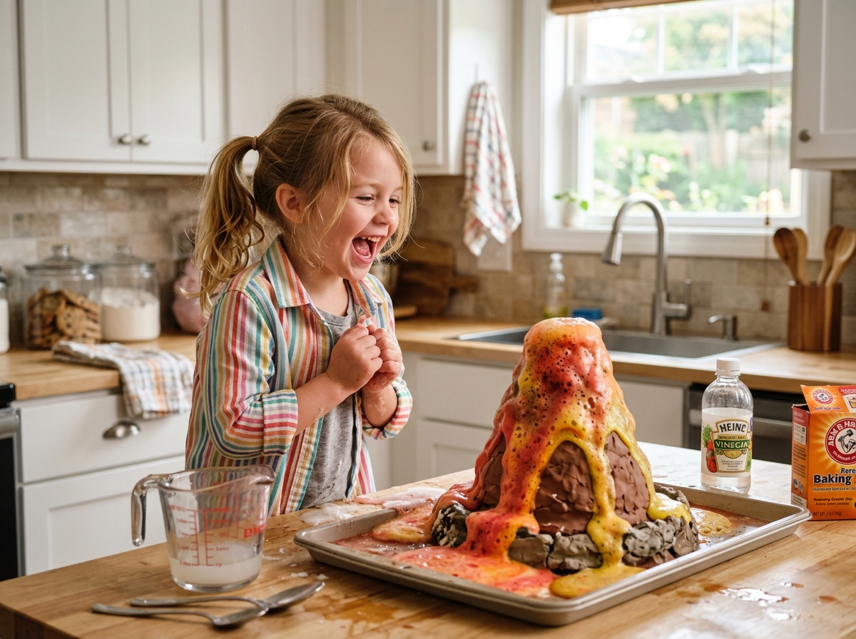A child watching a colorful baking soda volcano erupt on a kitchen counter - easy experiment with baking soda