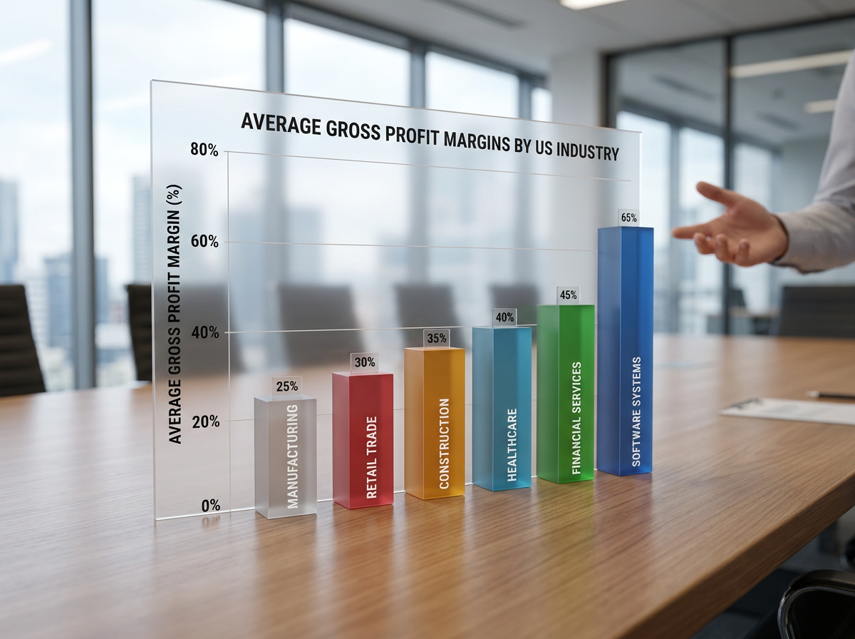 Chart displaying average gross profit margins across key US industries, highlighting software systems versus manufacturing Chart displaying average gross profit margins across key US industries, highlighting software systems versus manufacturing