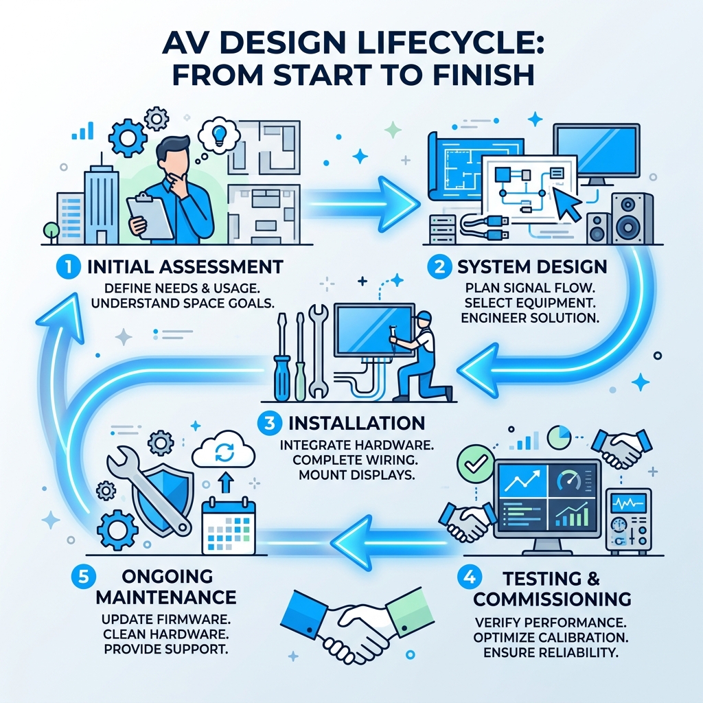AV design lifecycle infographic from initial assessment through design, installation, testing, and maintenance - av system