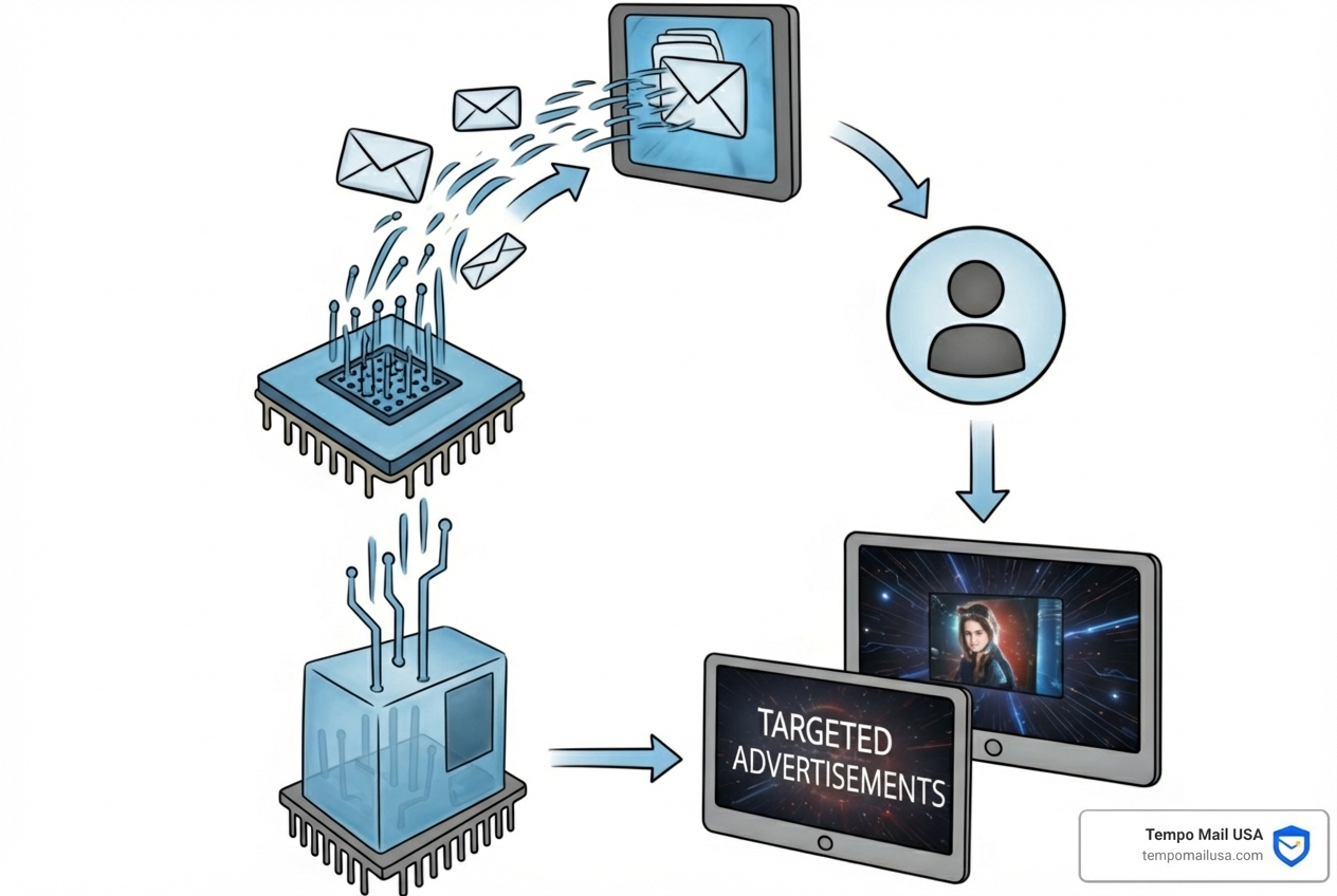 flowchart showing how personal data from emails is collected and used by advertisers, illustrating the process from email content scanning to profiling and targeted advertising - secure email address free