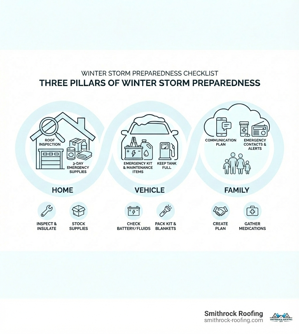infographic showing three pillars of winter storm preparedness with home icon showing roof inspection and supplies, car icon showing emergency kit and maintenance items, and family icon showing communication plan and emergency contacts - winter storm checklist infographic 