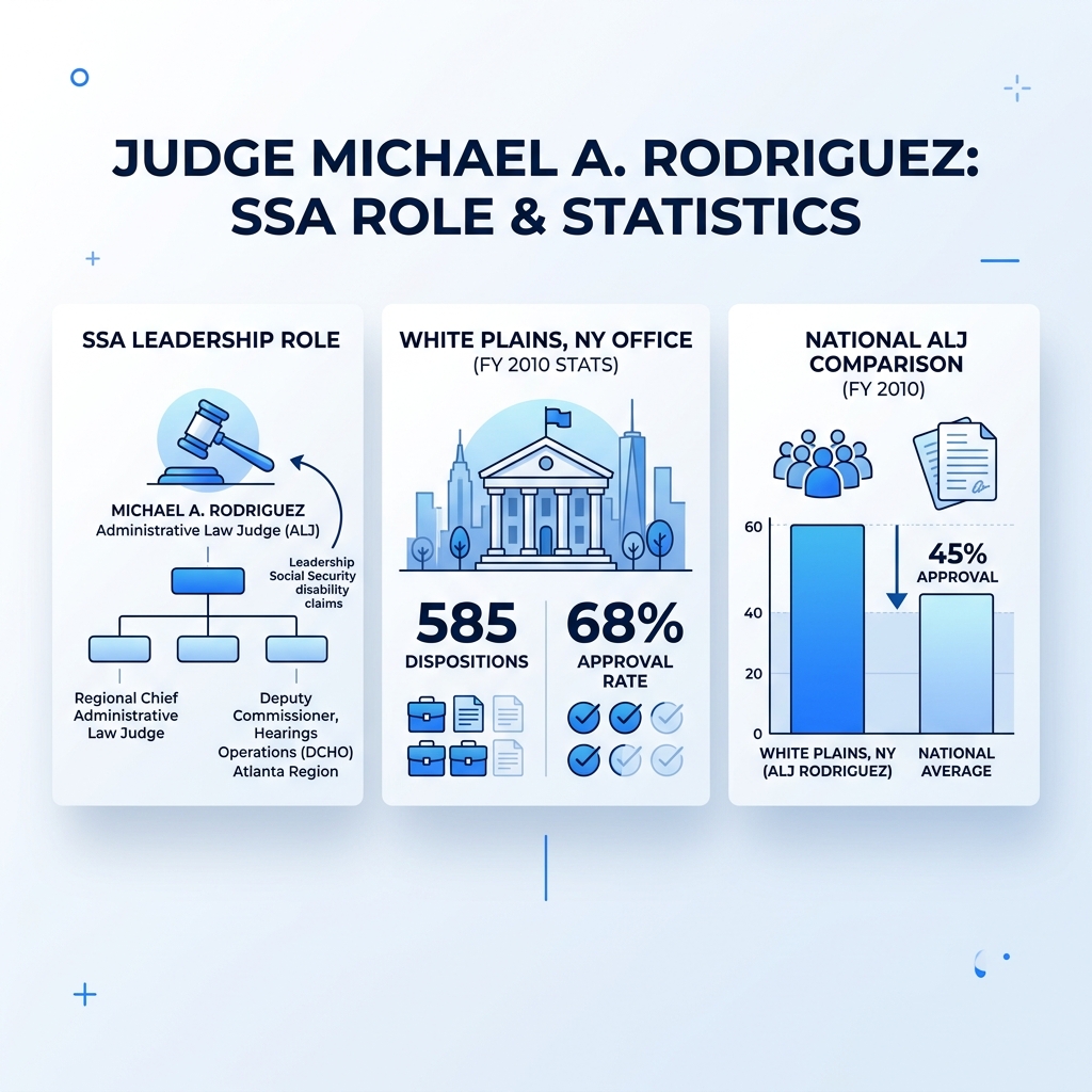 Infographic showing Judge Michael A. Rodriguez SSA role, White Plains stats, and national ALJ comparison - judge michael