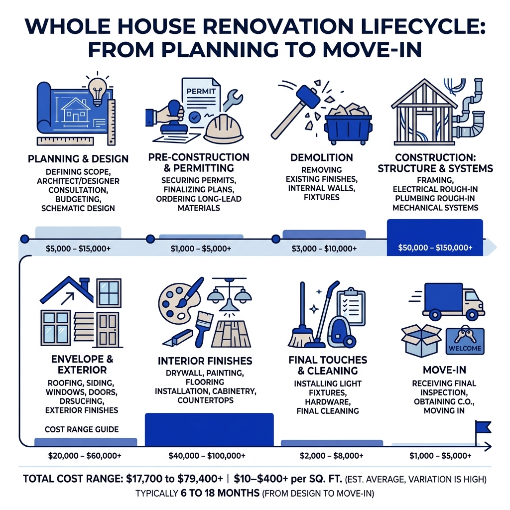 Whole house renovation lifecycle infographic from planning through move-in with cost ranges - Whole House Renovations Whole house renovation lifecycle infographic from planning through move-in with cost ranges - Whole House Renovations