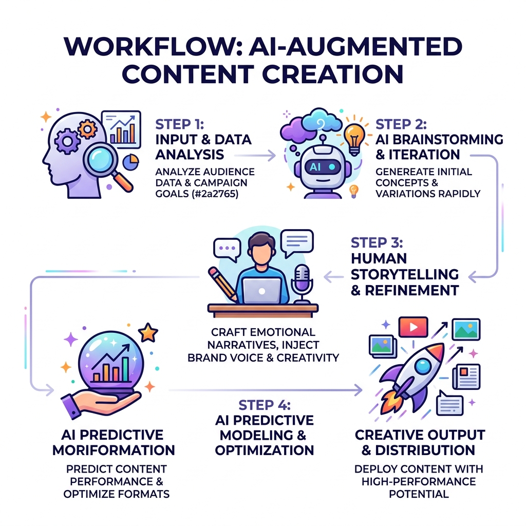 An infographic showing the workflow of AI-augmented content creation - creative digital marketing infographic An infographic showing the workflow of AI-augmented content creation - creative digital marketing infographic