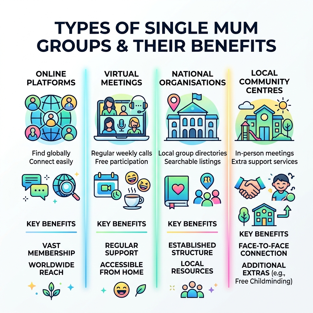 Infographic showing types of single mum groups and their key benefits for solo parents - single mum groups infographic 