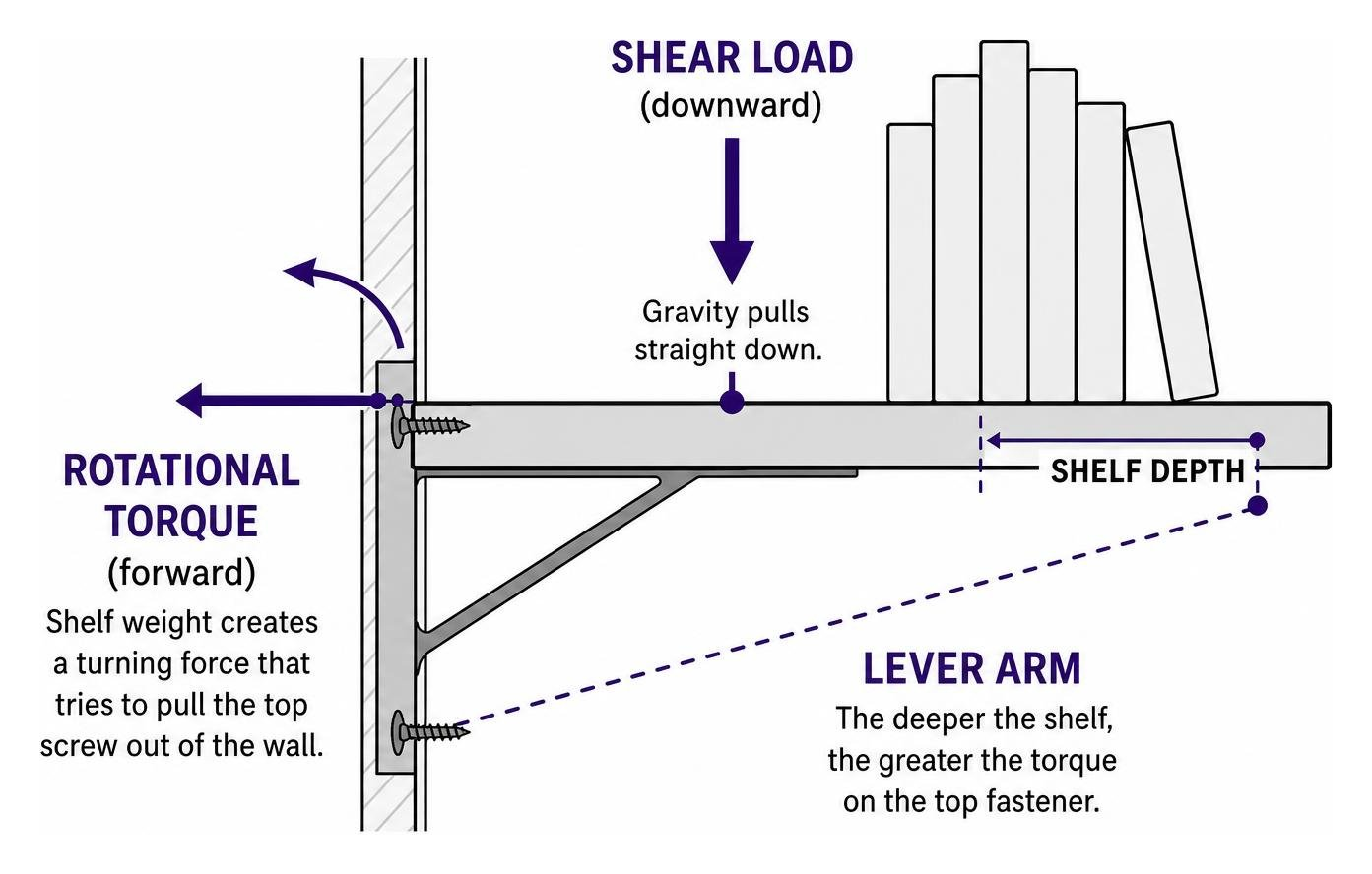 Forces acting on a loaded shelf showing downward shear and forward rotational torque