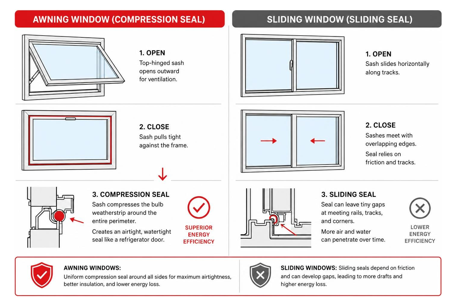 Diagram showing the energy-efficient compression seal mechanism of an awning window compared to sliding seals Diagram showing the energy-efficient compression seal mechanism of an awning window compared to sliding seals