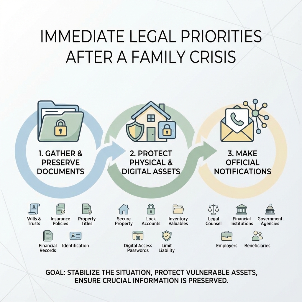 Immediate Legal Priorities After a Family Crisis - legal guidance after crisis infographic 