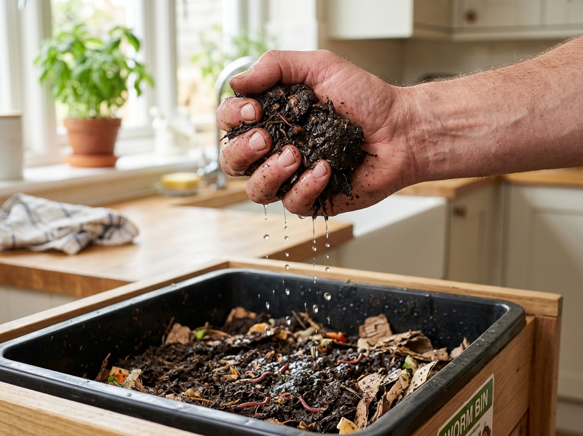 A hand checking the moisture level of indoor compost by squeezing a handful - indoor composting tips A hand checking the moisture level of indoor compost by squeezing a handful - indoor composting tips
