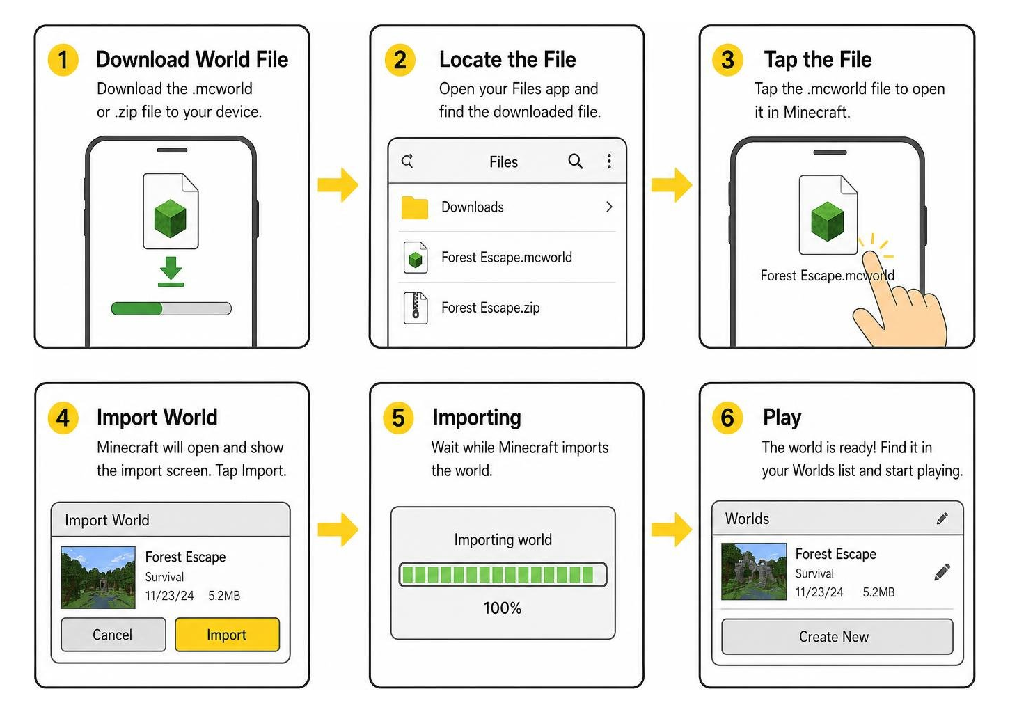 Process of downloading and importing a Bedrock world file on mobile
