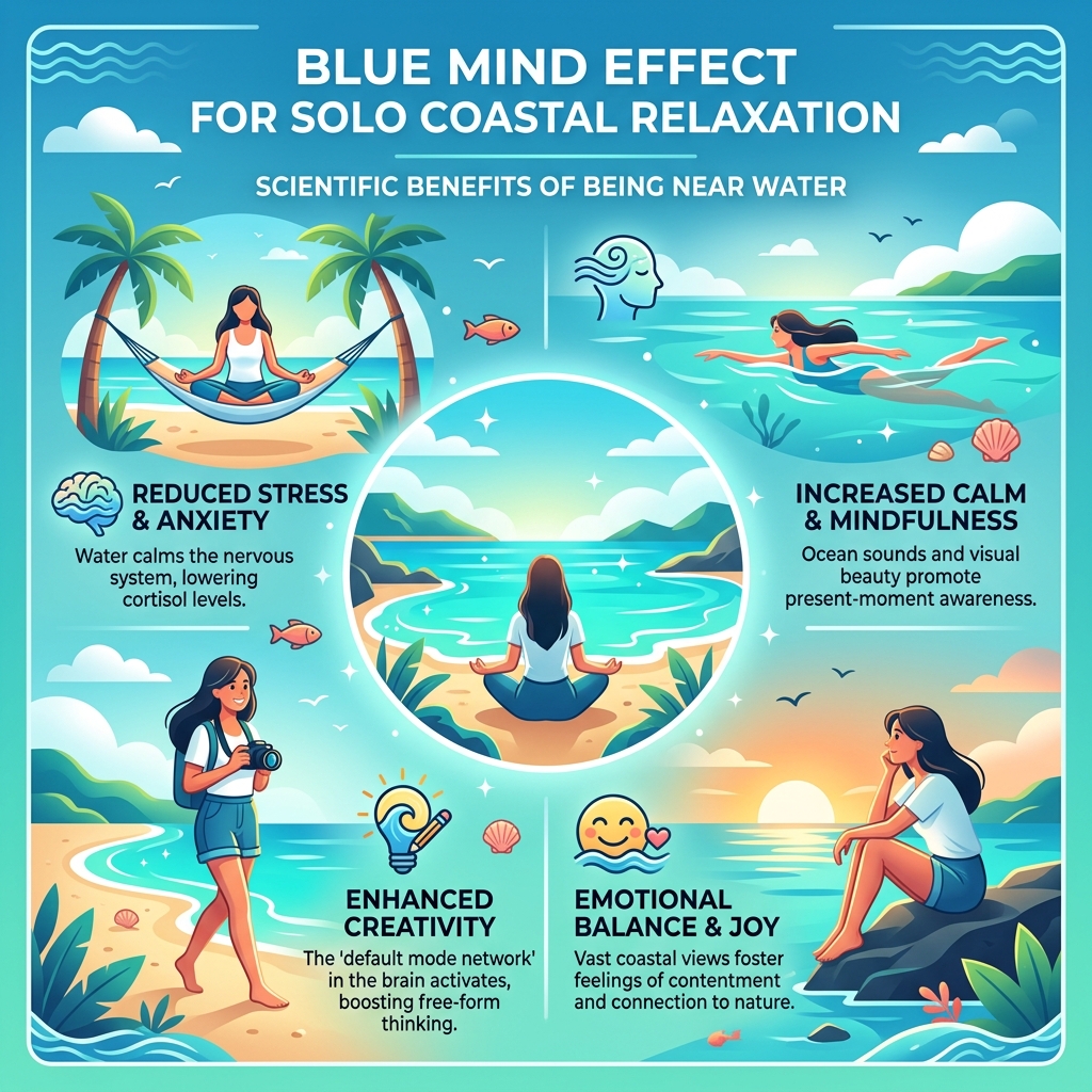Blue Mind effect infographic showing coastal relaxation benefits for solo travelers - safe beach destinations for solo Blue Mind effect infographic showing coastal relaxation benefits for solo travelers - safe beach destinations for solo