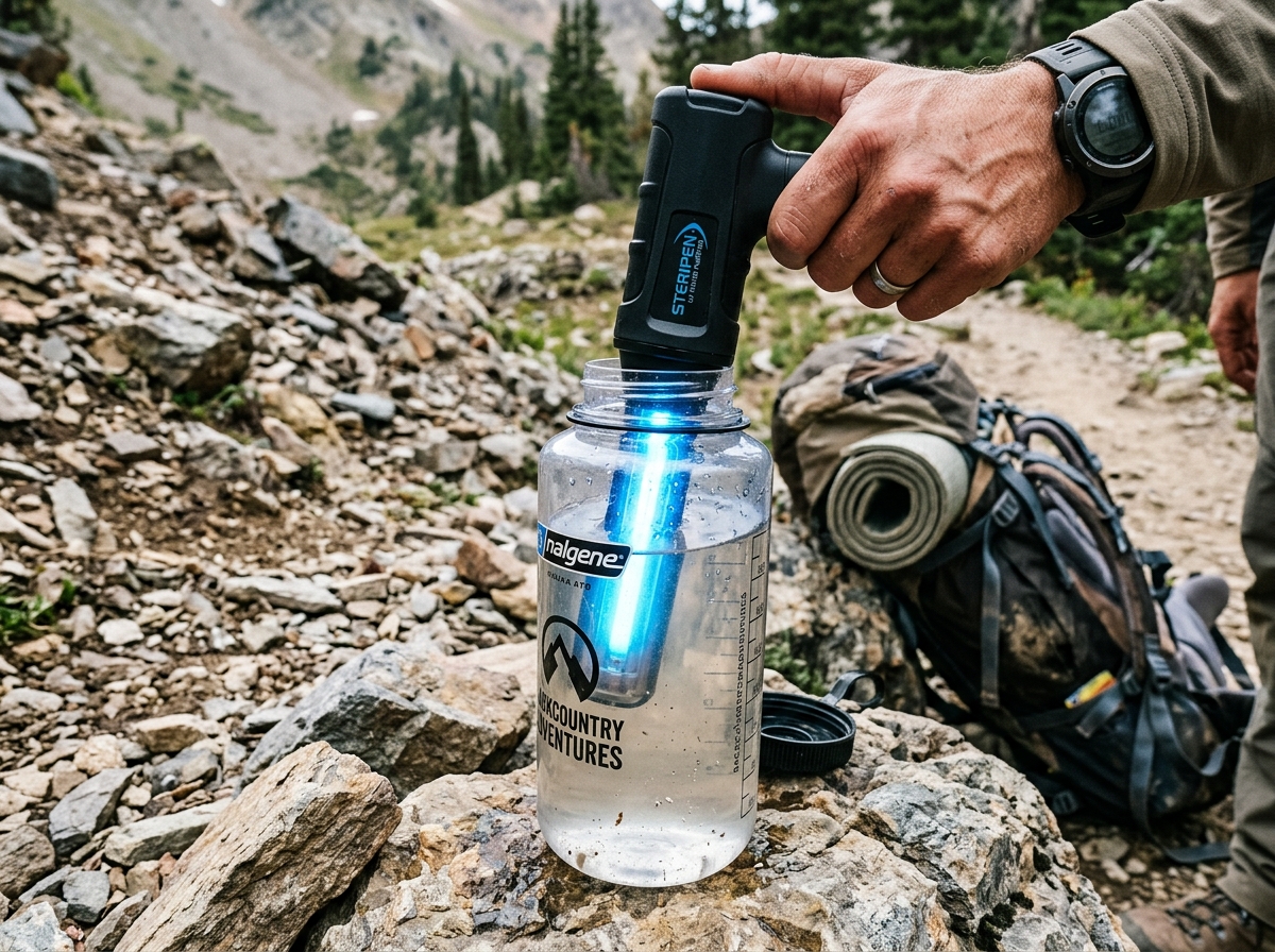 UV light glowing in a water bottle during treatment - best uv filter trails UV light glowing in a water bottle during treatment - best uv filter trails
