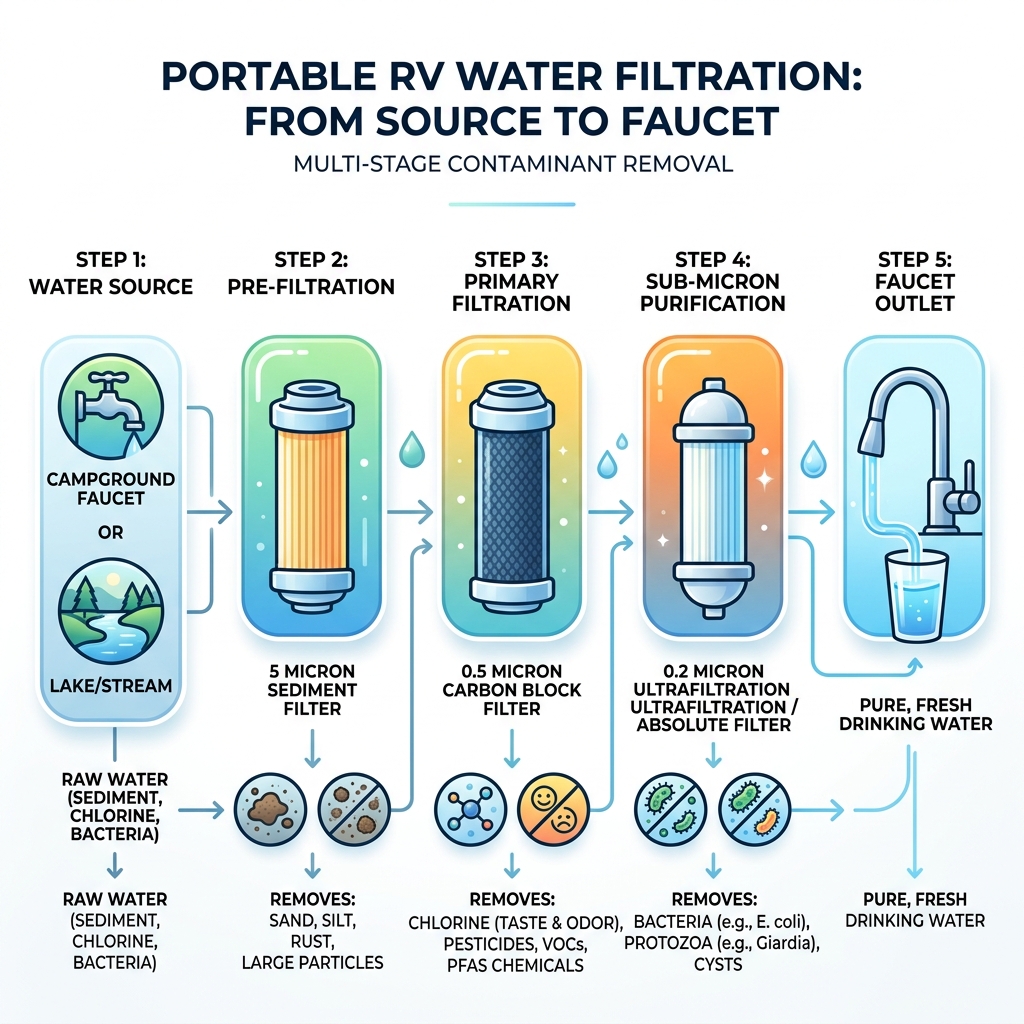 Infographic showing stages of RV water filtration from source to faucet with contaminant removal at each stage - portable Infographic showing stages of RV water filtration from source to faucet with contaminant removal at each stage - portable