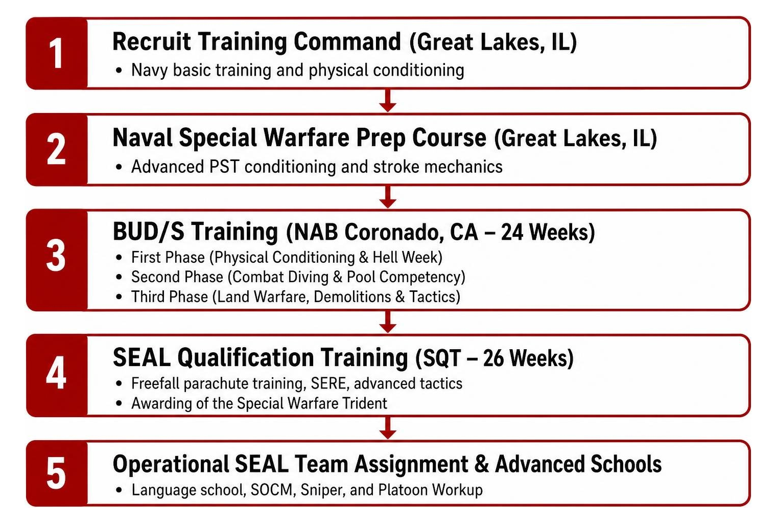 Step-by-step training pipeline from boot camp to operational SEAL team assignment Step-by-step training pipeline from boot camp to operational SEAL team assignment