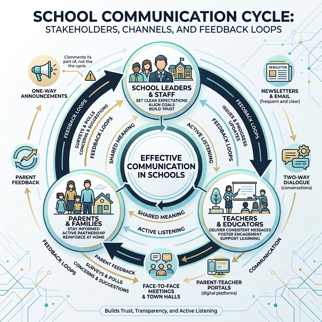 School communication cycle showing stakeholders, channels, and feedback loops - effective communication in schools School communication cycle showing stakeholders, channels, and feedback loops - effective communication in schools