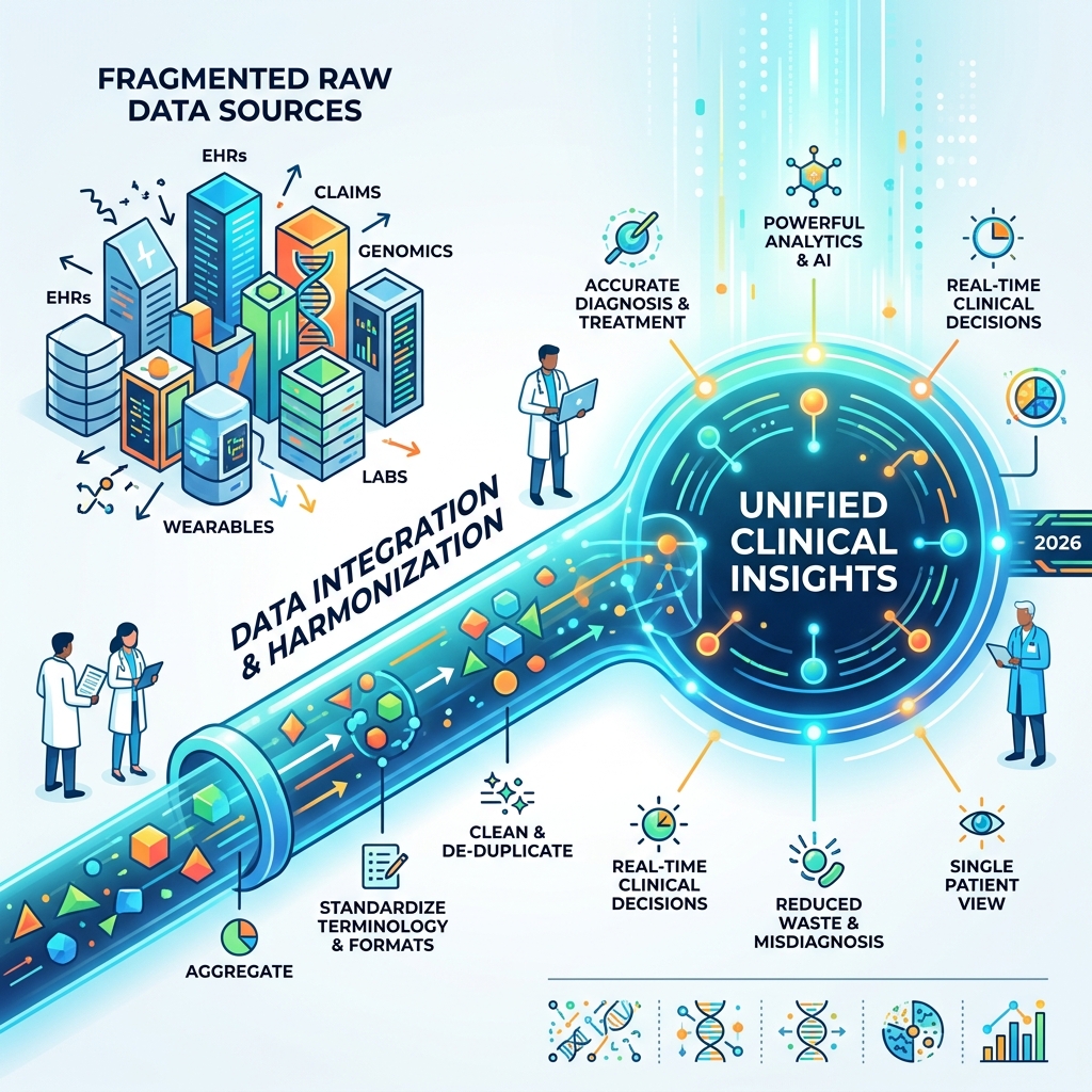 Journey from fragmented raw healthcare data sources to unified clinical insights infographic - healthcare data integration Journey from fragmented raw healthcare data sources to unified clinical insights infographic - healthcare data integration